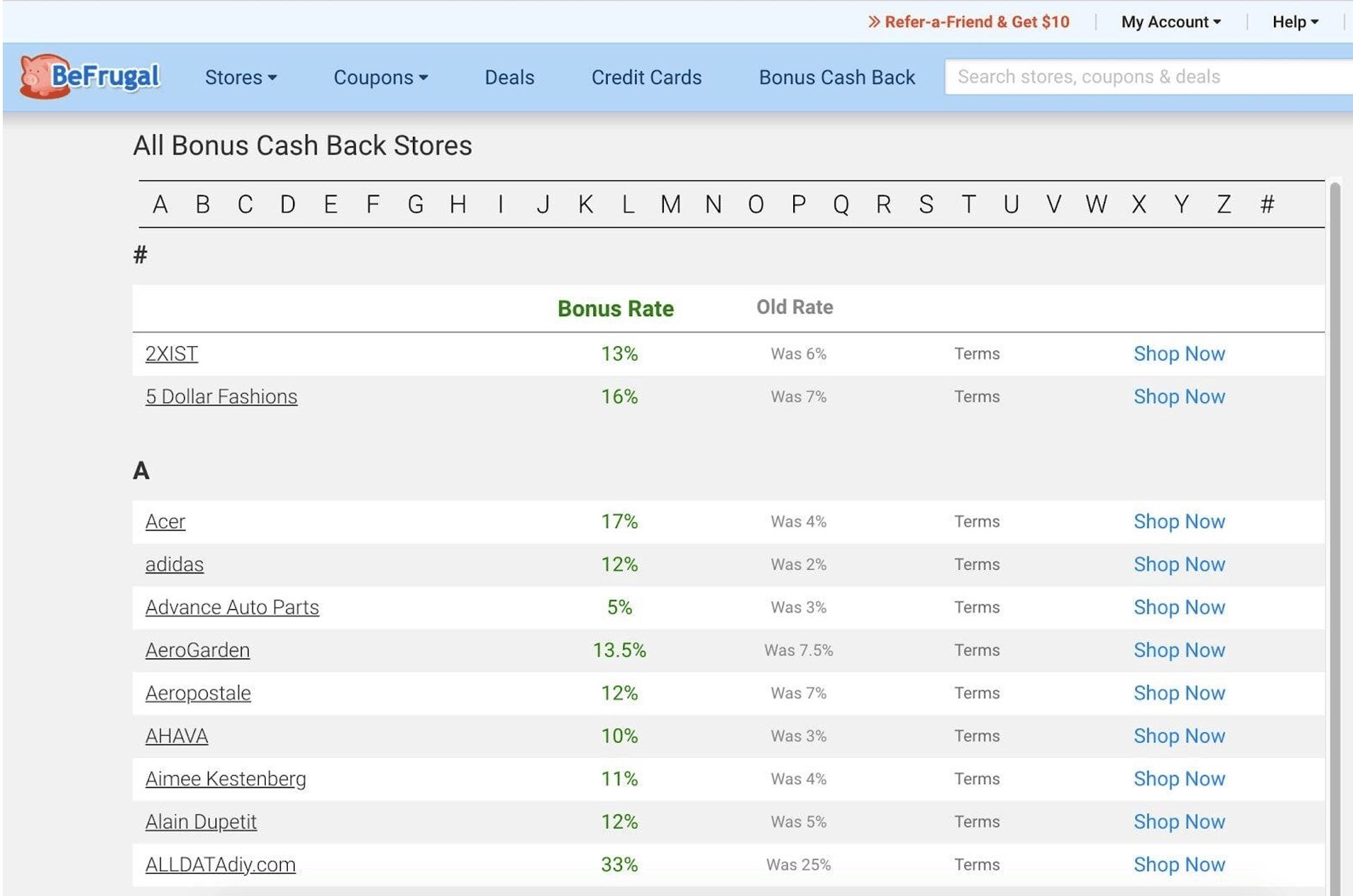 Befrugal Bonus Cash Back page